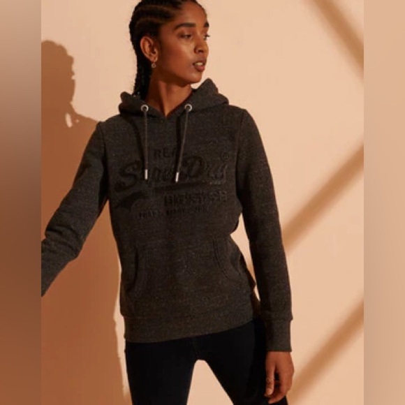 Superdry Vintage Logo Embossed Glitter Hoodie in Black Snowy Size 8 - Picture 1 of 8